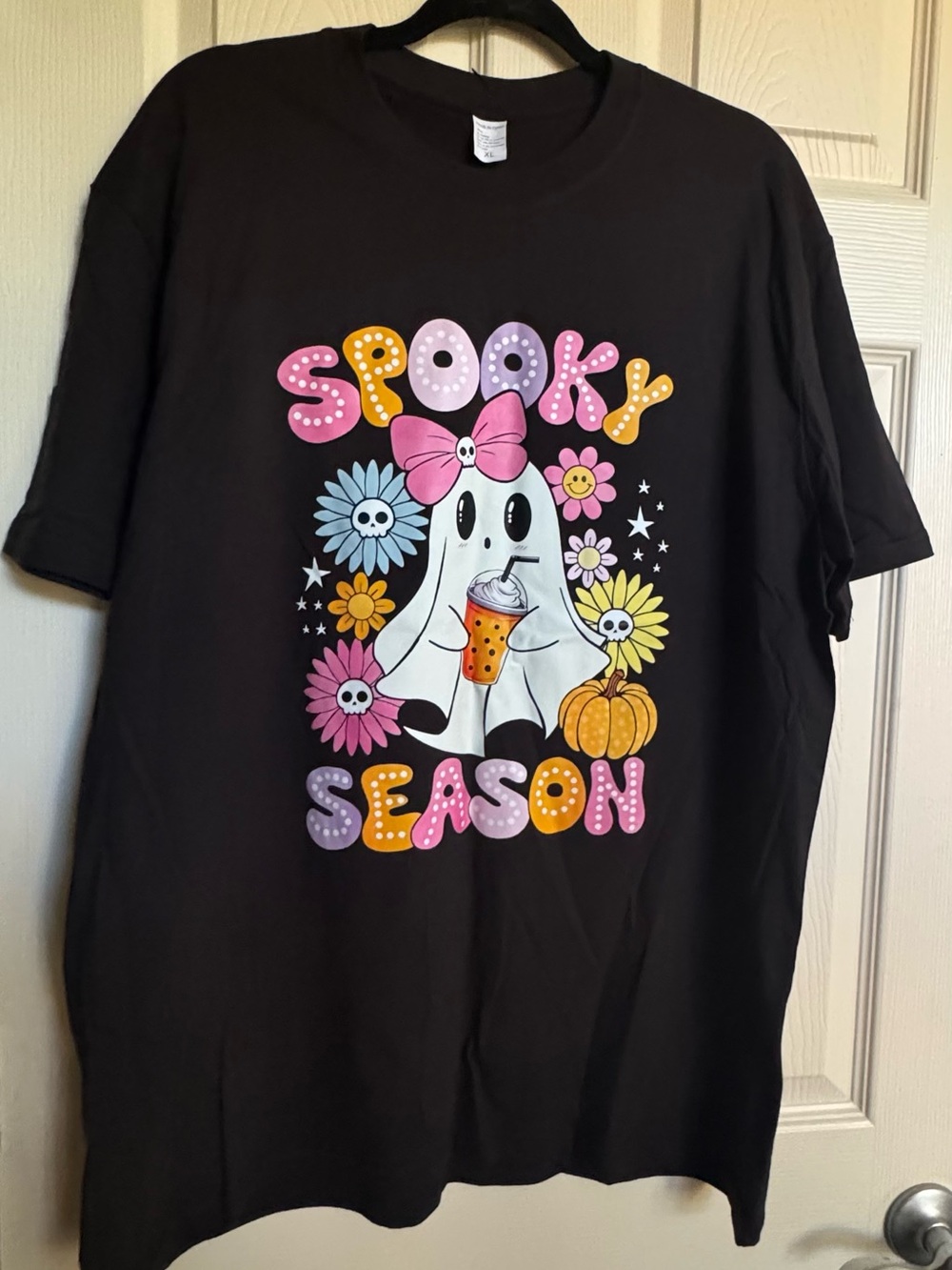 NWT Black 'Spooky Season' Cotton Ghost Tee with Pastel Floral Accents